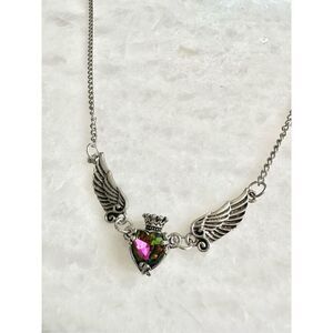 Iridescent purple heart with crown with angel wings necklace ￼